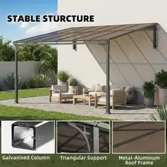 Outsunny 3.4 x 3 m Metal Lean-to Pergola, Wall-Mounted Garden Pergola with Polycarbonate Roof and Metal-Aluminium Frame, Heavy Duty Hardtop Gazebo for Outdoor Patios, BBQ, Brown - 7