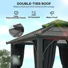 Outsunny 2.5 x 2.5 m Hardtop Gazebo Canopy with 7mm PC Roof, Garden Gazebo Permanent Pavilion with Netting, Curtains, Dark Grey - 4