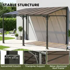 Outsunny 4 x 3 m Metal Lean-to Pergola, Wall-Mounted Garden Pergola with Polycarbonate Roof and Metal-Aluminium Frame, Heavy Duty Hardtop Gazebo for Outdoor Patios, BBQ, Brown - 7