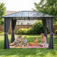 Outsunny 3 x 4 m Outdoor Hardtop Gazebo Canopy with PC Roof, Aluminium Permanent Pavilion Garden Gazebo with Curtains, Dark Grey - 9