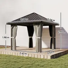 Outsunny 3 x 3(m) Hardtop Gazebo with Galvanised Steel Roof and Water Gutter, Waterproof Permanent Pavilion Garden Gazebo with Netting and Curtains for Patio, Deck, Black - 3