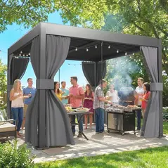 Outsunny 3 x 3 m Louvered Pergola with Adjustable Metal Louvred Roof, Aluminium Patio Gazebo with Netting and Curtains, Dark Grey - 9