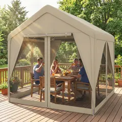 Outsunny 3 x 3 m Patio Gazebo with Netting & Curtains, Outdoor Canopy Shelter with Galvanised Steel Frame, Khaki - 9