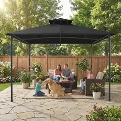 Outsunny 3 x 3 m Gazebo, Garden Gazebo with 2-Tier Roof, Metal Frame, Black - 8