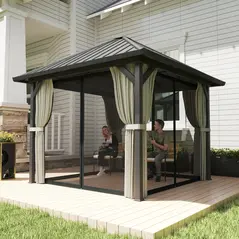 Outsunny 3 x 3(m) Hardtop Gazebo with Galvanised Steel Roof and Water Gutter, Waterproof Permanent Pavilion Garden Gazebo with Netting and Curtains for Patio, Deck, Black - 2