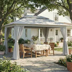 Outsunny 3 x 4 m Outdoor Garden Gazebo with Netting and Curtains, UPF50+ Patio Gazebo Permanent Pavilion Canopy, Dark Grey - 2