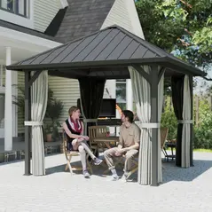 Outsunny 3 x 3(m) Hardtop Gazebo with Galvanised Steel Roof and Water Gutter, Waterproof Permanent Pavilion Garden Gazebo with Netting and Curtains for Patio, Deck, Black - 9
