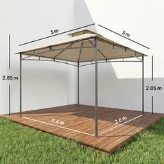 Outsunny 3 x 3 m Gazebo, Garden Gazebo with 2-Tier Roof, Metal Frame, Khaki - 3