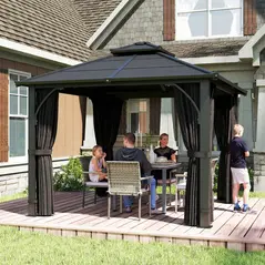 Outsunny 2.5 x 2.5 m Hardtop Gazebo Canopy with 7mm PC Roof, Garden Gazebo Permanent Pavilion with Netting, Curtains, Dark Grey - 2