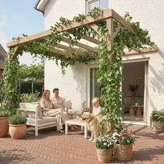Outsunny Lean-To Wooden Pergola Kit, Decorative Garden Gazebo with Stable Structure and Concrete Anchors, 3 x 3 m, Light Brown - 2