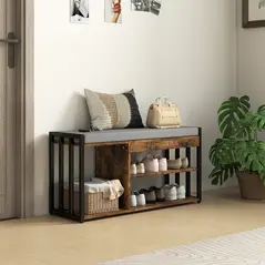 HOMCOM Shoe Storage with Seat, Upholstered Entryway Bench, Shoe Bench with 3 Open Shelves for Hallway, Rustic Brown - 8