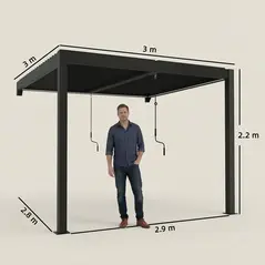 Outsunny 3 x 3 m Louvered Pergola with LED Lights, Metal Louvres, Wall Mounted Aluminium Patio Gazebo Pergola, Dark Grey - 3