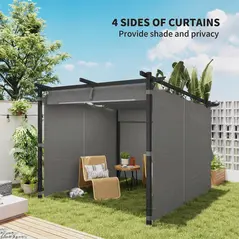 Outsunny 3 x 3 m Retractable Roof Pergola, with Curtains - Light Grey - 5