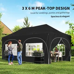 Outsunny 3 x 6m Pop Up Gazebo Shelter with Sides, 6 Sandbags, Peak Top Garden Party Tent Marquee with Carry Bag, Black - 4