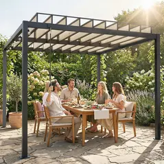 Outsunny 3 x 3 m Louvered Pergola with PC Roof, Aluminium Patio Gazebo Pergola Canopy with Drainage Gutters, Handle, Coffee - 2