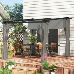 Outsunny 3 x 3 m Retractable Roof Pergola, with Curtains - Light Grey - 2