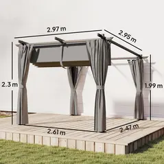 Outsunny 3 x 3 m Retractable Roof Pergola, with Curtains - Light Grey - 3