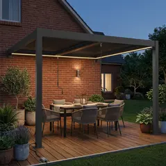 Outsunny 3 x 3 m Louvered Pergola with LED Lights, Metal Louvres, Wall Mounted Aluminium Patio Gazebo Pergola, Dark Grey - 2
