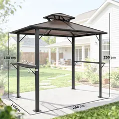 Outsunny 2.5 x 1.5 m Hardtop Grill Gazebo with Double Roof, Aluminium Outdoor BBQ Gazebo Shelter with 2 Side Shelves, Brown - 3