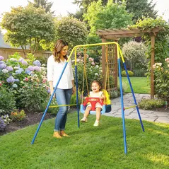 AIYAPLAY 3 in 1 Toddler Swing Set, Folding Child Swing Set with Seat Belt, Adjustable Seat for Outdoor Indoor, Blue - 2