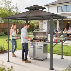 Outsunny 2.5 x 1.5 m Hardtop Grill Gazebo with Double Roof, Aluminium Outdoor BBQ Gazebo Shelter with 2 Side Shelves, Brown - 9