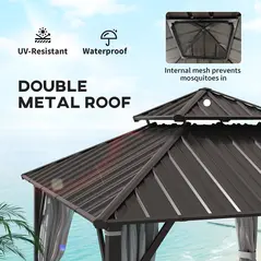 Outsunny 3 x 3(m) Hardtop Gazebo Canopy with Metal Roof, Waterproof Permanent Pavilion Garden Gazebo with Netting, Curtains, Grey - 4