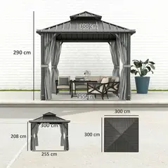 Outsunny 3 x 3(m) Hardtop Gazebo Canopy with Metal Roof, Waterproof Permanent Pavilion Garden Gazebo with Netting, Curtains, Grey - 3