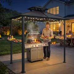 Outsunny 2.5 x 1.5 m Hardtop Grill Gazebo with Double Roof, Aluminium Outdoor BBQ Gazebo Shelter with 2 Side Shelves, Brown - 8