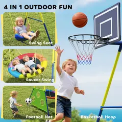 AIYAPLAY 4-in-1 Kids Swing Set with Saucer Swing, Basketball Hoop and Football Goal, Outdoor Playground Playset for Garden - 4