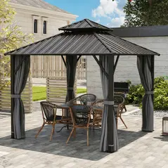 Outsunny 3 x 3(m) Hardtop Gazebo Canopy with Metal Roof, Waterproof Permanent Pavilion Garden Gazebo with Netting, Curtains, Grey - 9