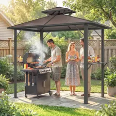 Outsunny 2.5 x 1.5 m Hardtop Grill Gazebo with Double Roof, Aluminium Outdoor BBQ Gazebo Shelter with 2 Side Shelves, Brown - 2