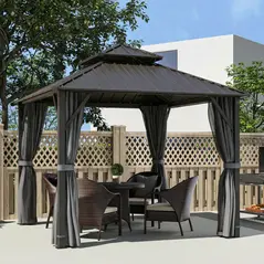Outsunny 3 x 3(m) Hardtop Gazebo Canopy with Metal Roof, Waterproof Permanent Pavilion Garden Gazebo with Netting, Curtains, Grey - 2