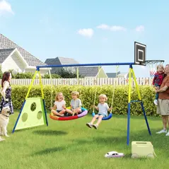 AIYAPLAY 4-in-1 Kids Swing Set with Saucer Swing, Basketball Hoop and Football Goal, Outdoor Playground Playset for Garden - 2
