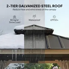 Outsunny 3 x 3 m Outdoor Hardtop Gazebo Canopy with 2-Tier Steel Roof, Wood Garden Gazebo with Curtains, Light Grey - 4