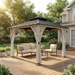 Outsunny 3 x 3 m Outdoor Hardtop Gazebo Canopy with 2-Tier Steel Roof, Wood Garden Gazebo with Curtains, Light Grey - 9
