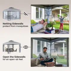 Outsunny 3 x 3(m) Patio Gazebo Canopy Garden Pavilion Tent Shelter with 2 Tier Roof and Mosquito Netting, Light Grey - 6