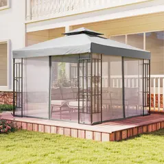 Outsunny 3 x 3(m) Patio Gazebo Canopy Garden Pavilion Tent Shelter with 2 Tier Roof and Mosquito Netting, Light Grey - 8
