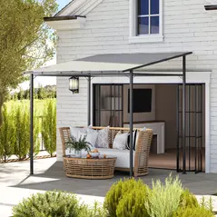 Outsunny 2.4 x 2.4 m Wall Mounted Pergola Gazebo with PA Coating Fabric, Metal Frame, UPF30+, Lean to Garden Gazebo, Light Grey - 2