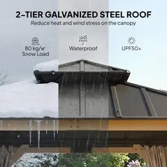 Outsunny 3 x 3 m Outdoor Hardtop Gazebo Canopy with 2-Tier Steel Roof, Wood Garden Gazebo with Curtains, Grey - 4
