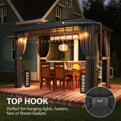 Outsunny 2 x 3.5 m Hardtop Gazebo with Galvanised Steel Roof, Waterproof Permanent Pavilion Garden Gazebo with Netting and Curtains for Patio, Deck, Dark Grey - 8