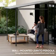 Outsunny 2.4 x 2.4 m Wall Mounted Pergola Gazebo with PA Coating Fabric, Metal Frame, UPF30+, Lean to Garden Gazebo, Light Grey - 6