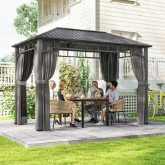 Outsunny 2 x 3.5 m Hardtop Gazebo with Galvanised Steel Roof, Waterproof Permanent Pavilion Garden Gazebo with Netting and Curtains for Patio, Deck, Dark Grey - 9