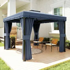 Outsunny 3 x 3(m) Patio Gazebo Canopy Garden Pavilion Tent Shelter Marquee with 2 Tier Roof, Netting and Curtains, Dark Blue - 9