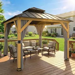 Outsunny 3 x 3 m Outdoor Hardtop Gazebo Canopy with 2-Tier Steel Roof, Wood Garden Gazebo with Curtains, Grey - 2