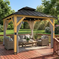 Outsunny 3 x 3 m Outdoor Hardtop Gazebo Canopy with 2-Tier Steel Roof, Wood Garden Gazebo with Curtains, Grey - 9