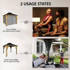 Outsunny 3 x 3 m Outdoor Hardtop Gazebo Canopy with 2-Tier Steel Roof, Wood Garden Gazebo with Curtains, Grey - 5