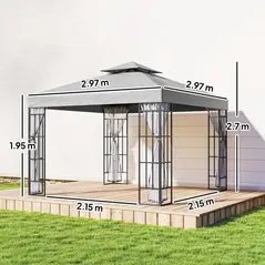 Outsunny 3 x 3(m) Patio Gazebo Canopy Garden Pavilion Tent Shelter with 2 Tier Roof and Mosquito Netting, Light Grey - 3
