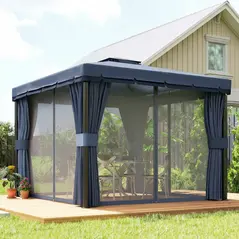 Outsunny 3 x 3(m) Patio Gazebo Canopy Garden Pavilion Tent Shelter Marquee with 2 Tier Roof, Netting and Curtains, Dark Blue - 8