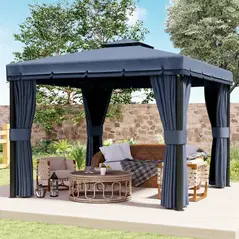 Outsunny 3 x 3(m) Patio Gazebo Canopy Garden Pavilion Tent Shelter Marquee with 2 Tier Roof, Netting and Curtains, Dark Blue - 7