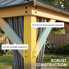 Outsunny 3 x 3 m Outdoor Hardtop Gazebo Canopy with 2-Tier Steel Roof, Wood Garden Gazebo with Curtains, Grey - 6